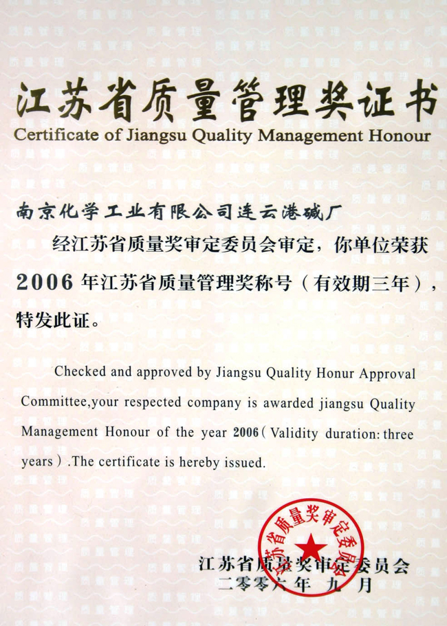 Jiangsu Province Quality Management Award Certificate 06 years